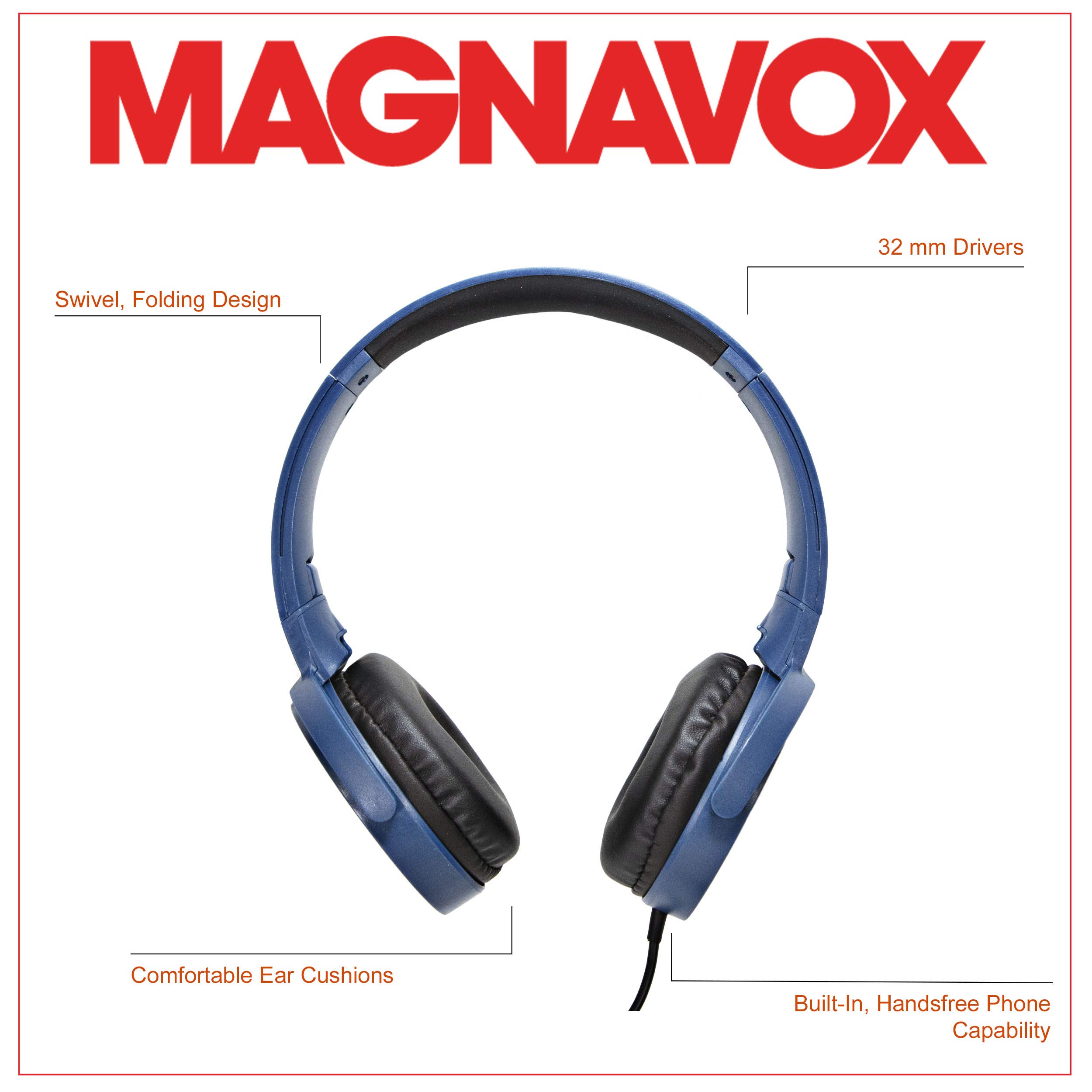 Magnavox MHP5026M-BL Stereo Headphones with Microphone in Blue | Wired on Ear Headphones | Corded Headphones with Microphone | 3.5 mm Plug Suitable for Computers & Mobile Phones |
