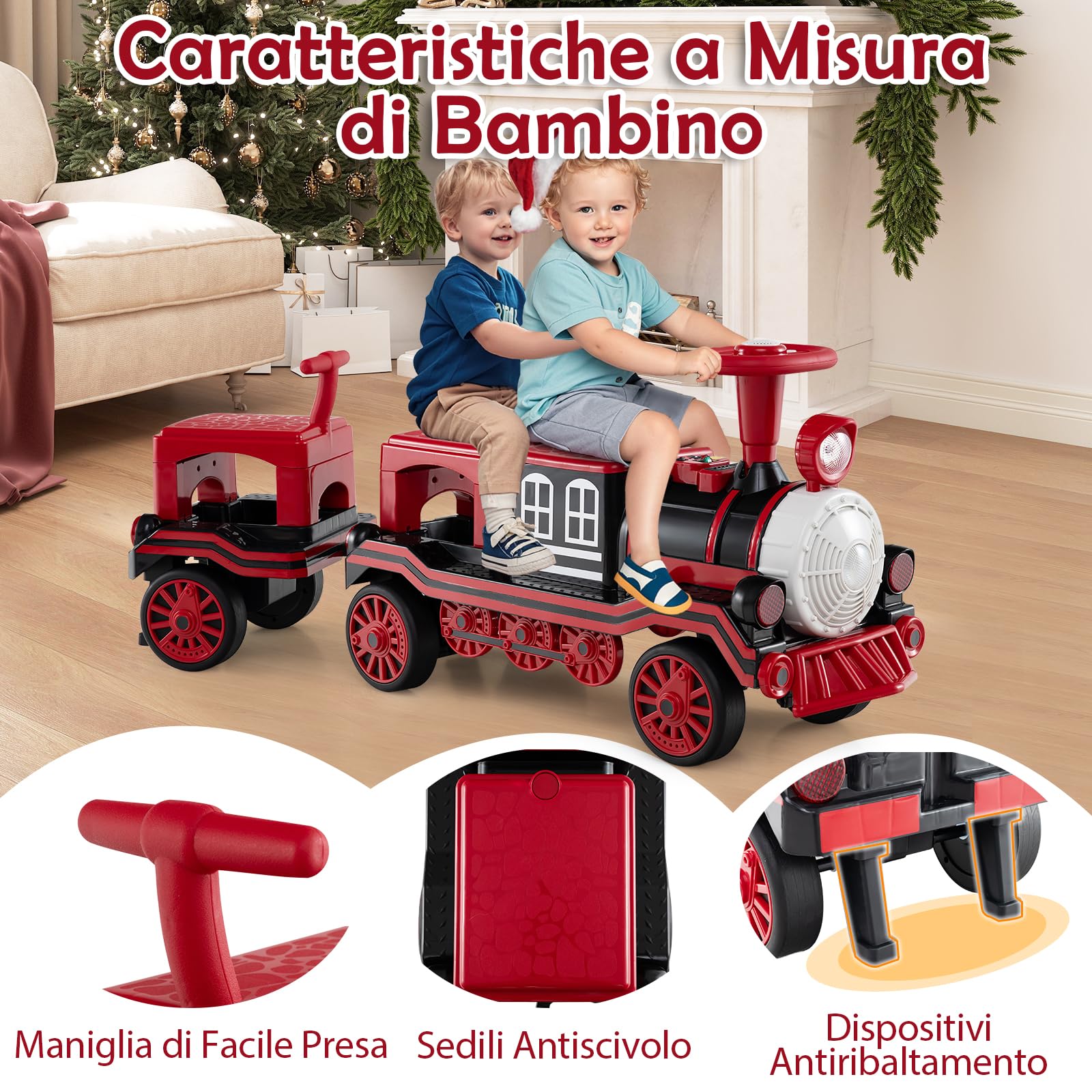 COSTWAY Trenino Elettrico Cavalcabile per Bambini, 12V Macchina Elettrica a 3 Posti con Locomotiva e Vagone Rimovibili, Treno con Luci LED, Clacson e Musica, per Bambini 3-8 Anni (Rosso)