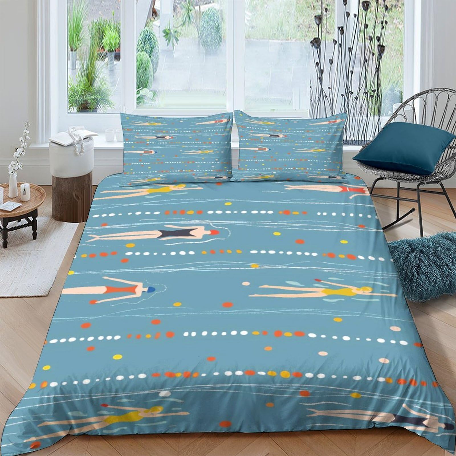 Ctjqhvkz Style-2 3D Printed Swimmers Blue Fitted Sheet Microfiber Soft Breathable Geometric Mattress Cover For Bedroom Dorm Decor Single（135X200cm）