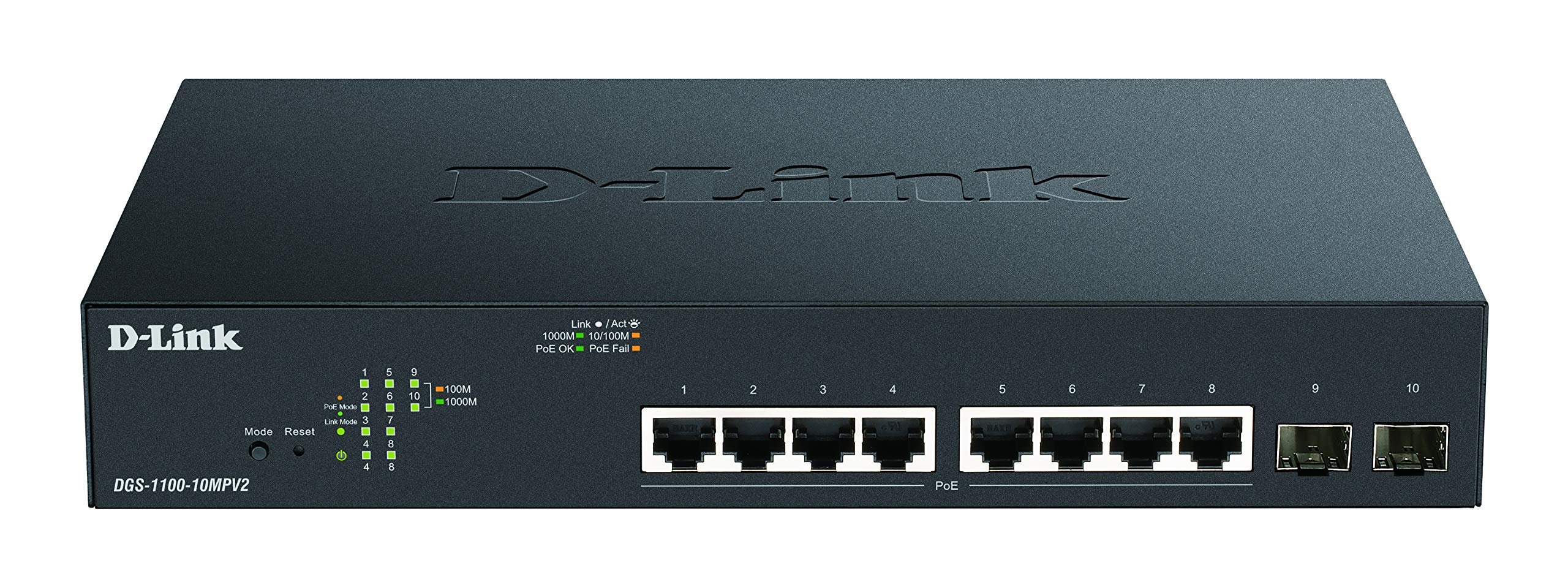 D-Link DGS-1100-10MPV2/E, 10-Port Layer 2 Gigabit PoE Smart Switch (8 x 10/100/1000 Mbit/s BaseT PoE Port, 130W PoE Kapazität, 2 x SFP Port, Metallgehäuse)