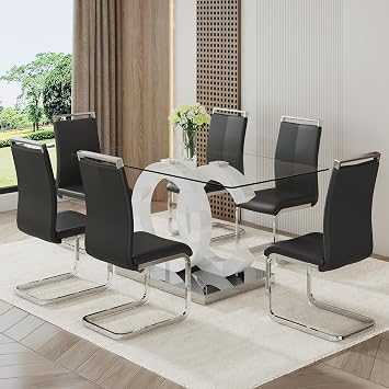 Ebullient Glass Dining Table Set for 6 ,7 Piece Dining Table Set,Tempered Glass Table Top,White Modern Dining Room Table with 6 PU Leather Ergonomic Dining Chairs