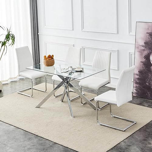 Miniatura 4 de Mesa de comedor rectangular de vidrio de 51.18 pulgadas, pestaña de cocina de vidrio templado con patas de metal, mesa de comedor elegante y