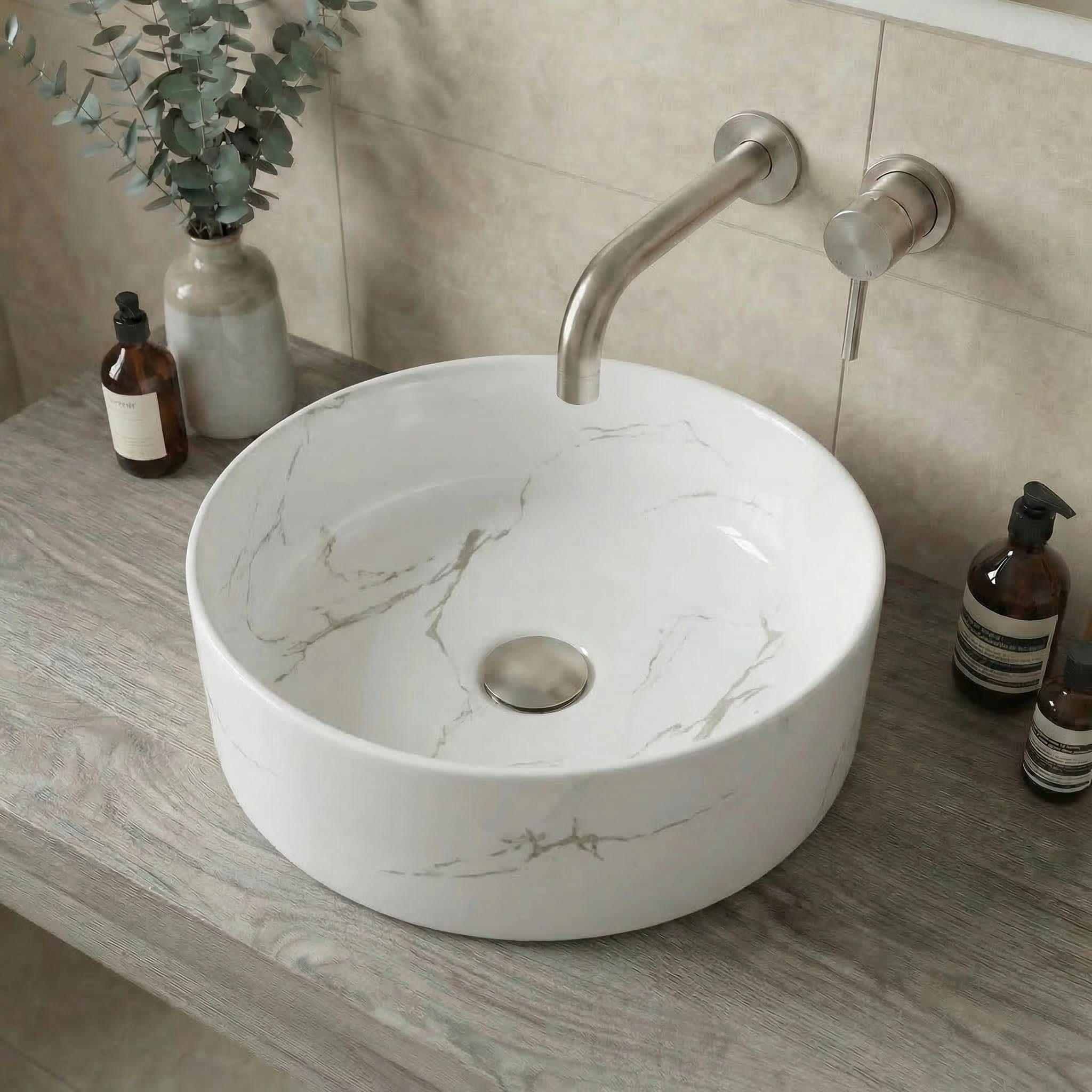 Baystone White Marble Baystone® Countertop Basin For Bathroom And Cloakroom Hand Wash Basin Sink Round 301 X 301Mm