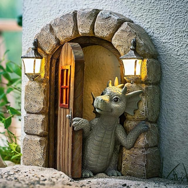 POIU Courtyard Dragon Sculpture Wall Decoration, Weatherproof Resin Statue Miniatures, Lovely Resin Garden Dragon Statue Art Figurines Decor Ornaments for Patio Yard (Style B) (POIU-0257)