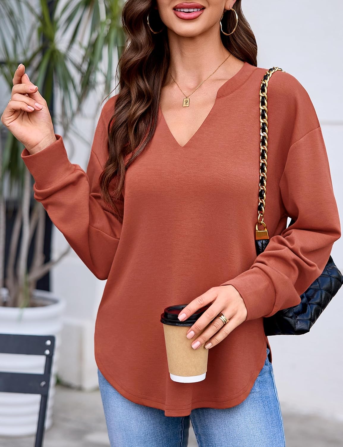 Totatuit Sweatshirts for Women V Neck Long Sleeve Shirts Loose Lightweight Curved Hem Casual Pullover Tops 2025 Fall - Image 6