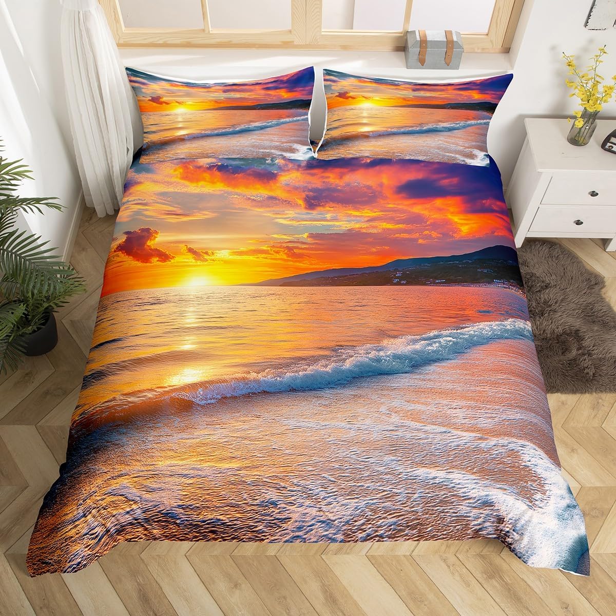 Erosebridal Sunset Duvet Cover Blue Ocean Bedding Set Queen Size Hawaii Beach Comforter Cover Set for Boys Girls Youth,Sea Wave Bed Set Afterglow Scenery Bedroom Decor，Yellow Orange Purple Red