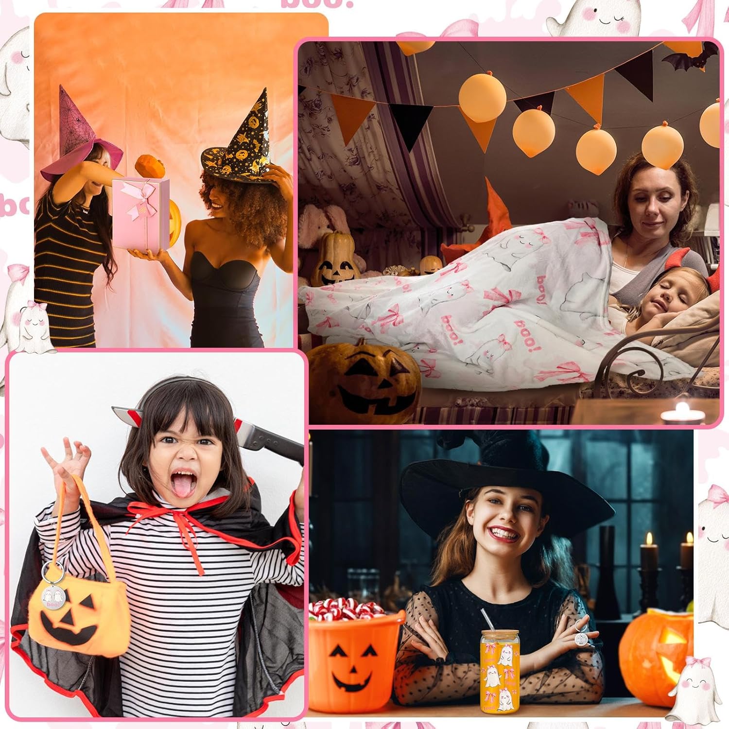 Skylety Halloween Boo Baskets Gifts Pink Ghost Gifts for Women 16oz Cute Ghost Tumbler with Lids and Straws Pink Ghosts Throw Blanket 40 x 50 Inch Spooky Keychain with Gift Box Set(Bow)