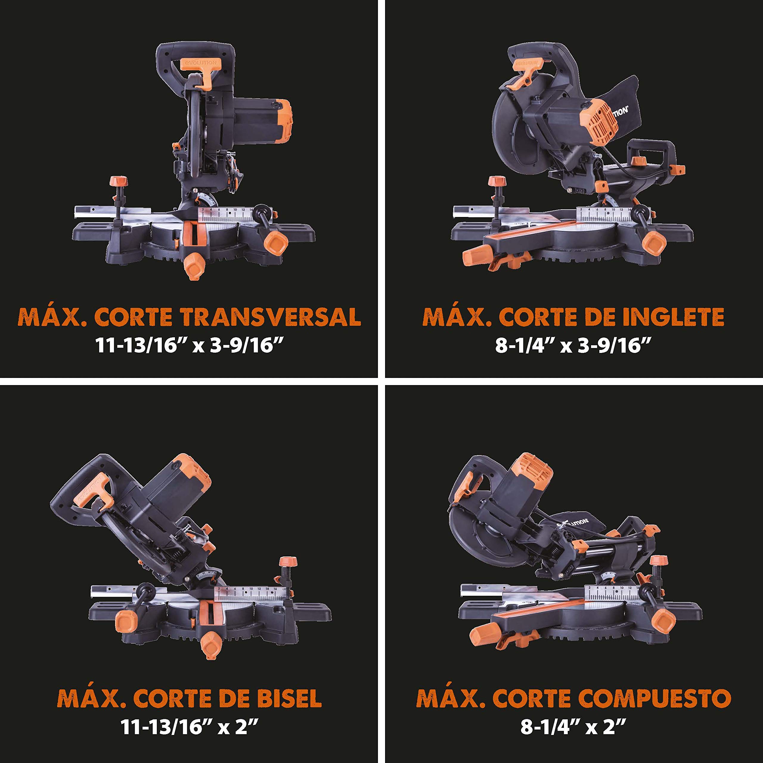 Evolution Power Tools - R210SMS-300+ Ingletadora deslizante multimaterial de 210 mm (230 V), con paquete plus, Corta acero dulce, aluminio, plástico, madera con clavos incrustados