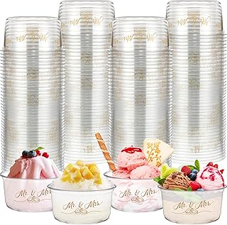 100 Pcs Mr and Mrs Wedding Cups 12 oz Disposable Ice Cream Cups Wedding Reception Bowls for Bridal Shower Engagement Anniversary Party Favors Supplies Decoration