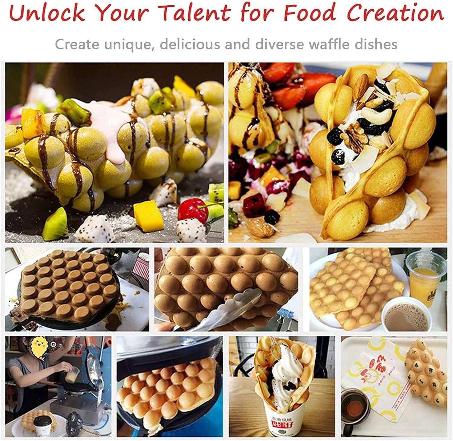 Bubble Waffle Maker, Egg Waffle Machine, Electric Non-Stick Commercial Cone Maker, 180° Rotating, with Intelligent Temperature Control + Timing Function, for Home Use,