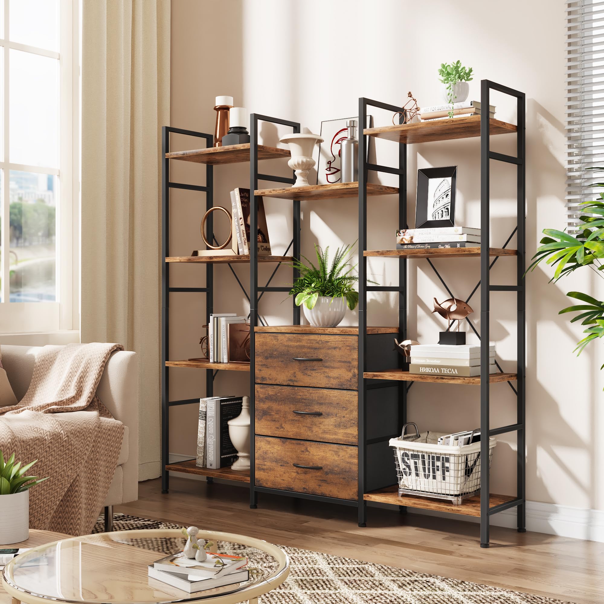 Bücherregal mit 3 Schubladen 120x142cm Standregal Raumteiler Industrial Style 10 offene Fächer 142cm Hoch