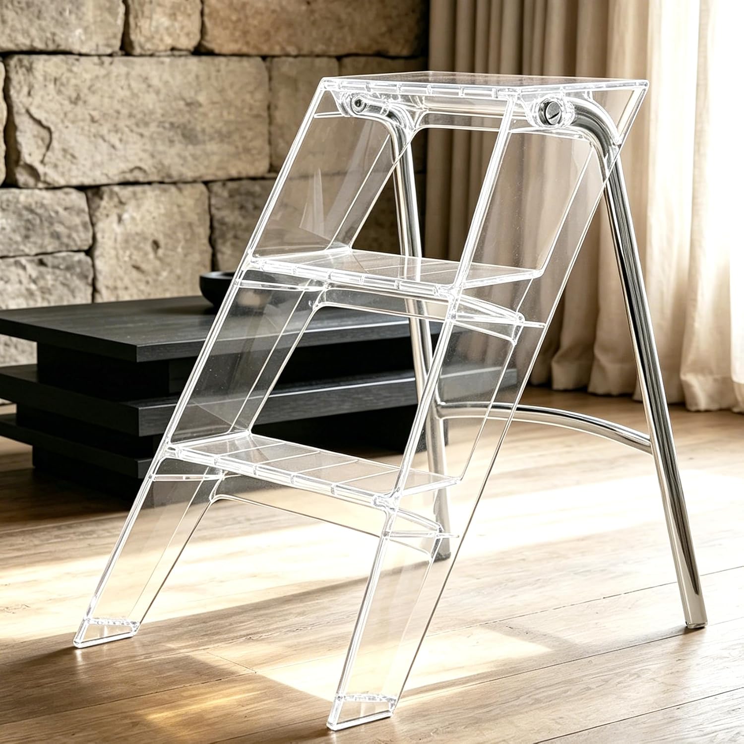 Acrylic 3 Step Ladder Folding Step Stool, Anti-Slip Steps Design, 350lbs Heavy Duty Load Bearing, Stable Support Frame, Portable Safety Acrylic Ladder (Transparent)