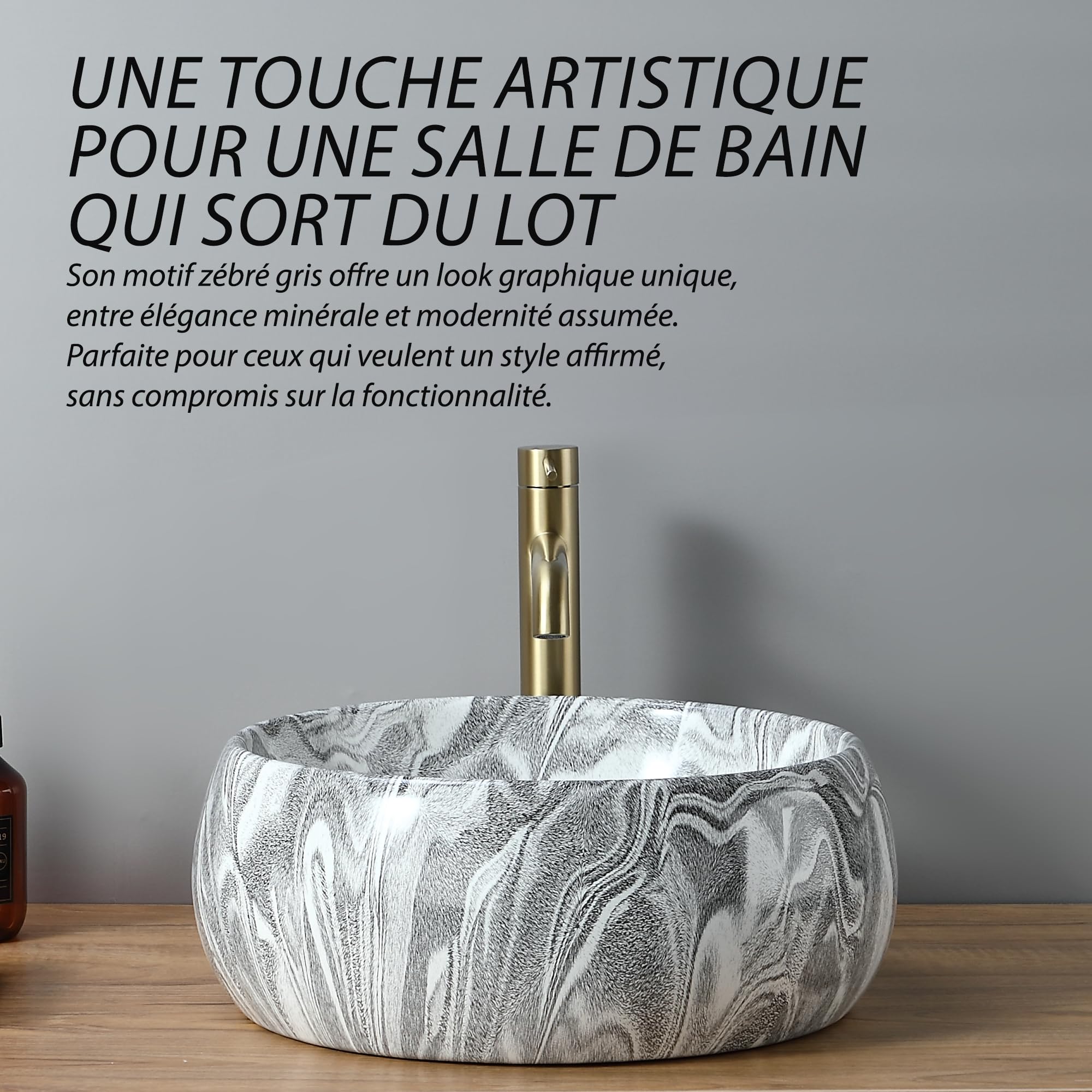 Vasque Ronde Creuse Effet Gris Zébré Ø40 cm – Lavabo à Poser Design Contemporain – Finition Minérale Élégante – Idéal Salle de Bain Moderne – Installation Facile et Entretien Simple