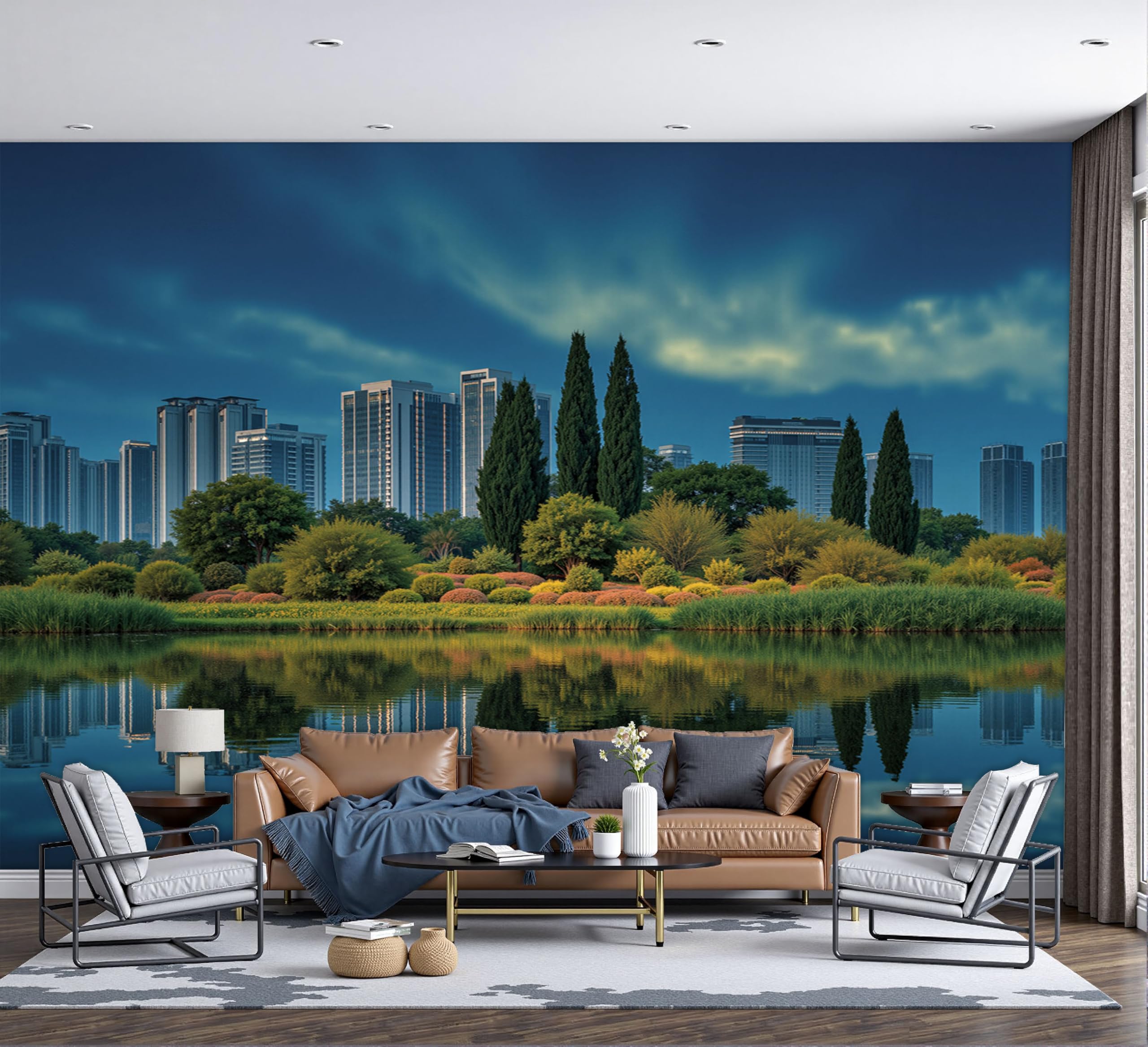 Papier peint panoramique 3D soie pour agrandir une pièce : décor ville bleu 250x175cm