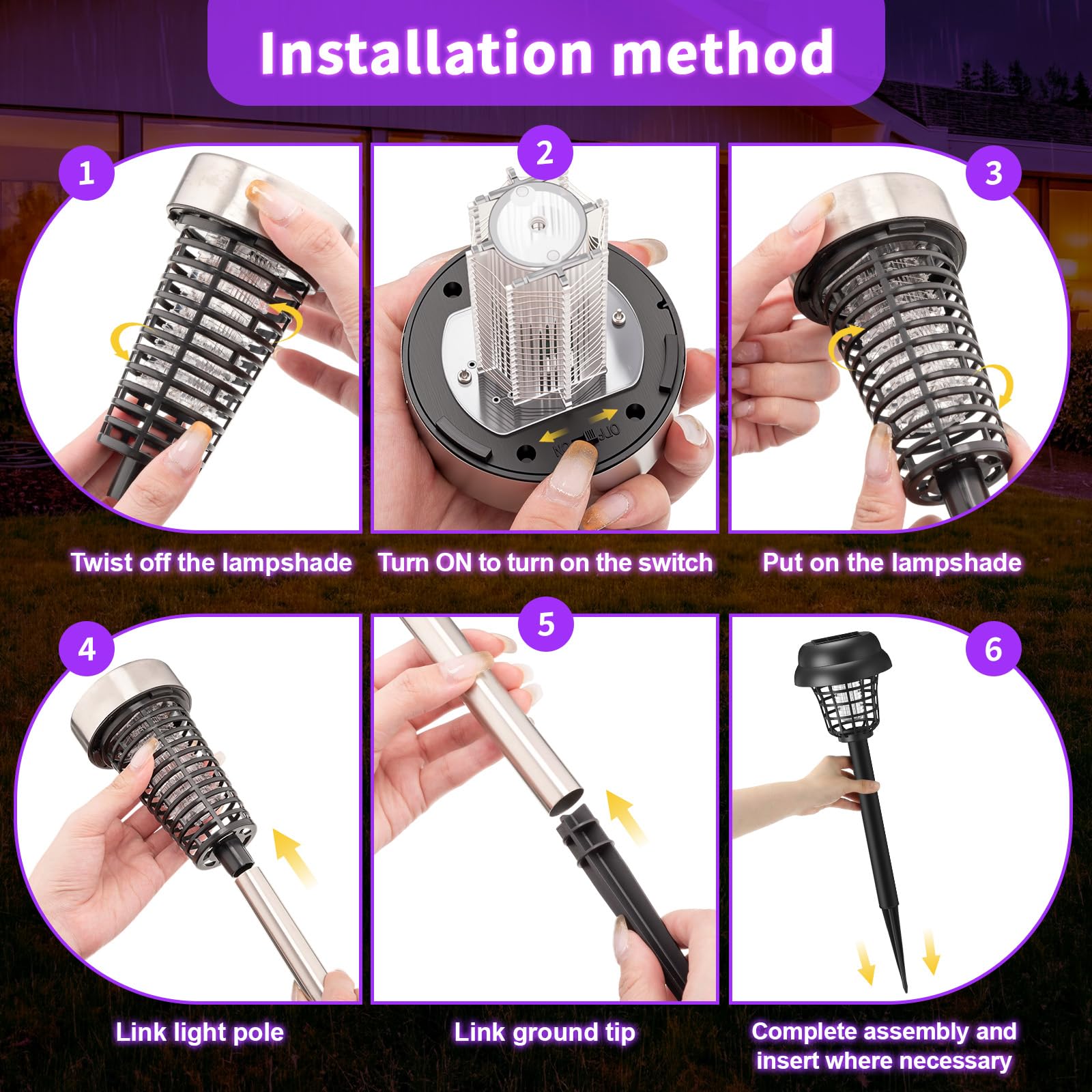 4 Stück Solar Insektenvernichter Outdoor Mückenvernichter Lampe Wasserdicht Gitter Mückenschutz Killer Zapper mit Hochspannung Elektrisch für Garten Terrasse Hof (Lila Licht, Silber)