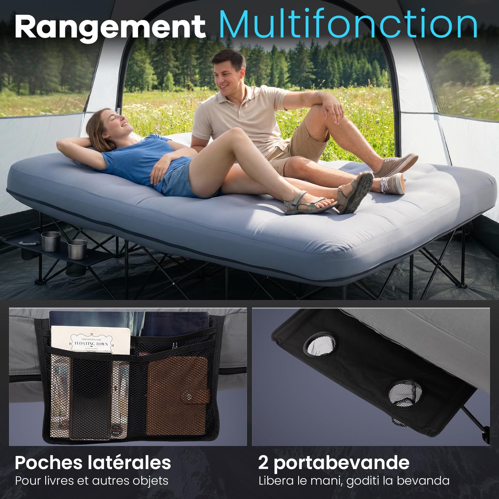 FUNDANGO Lit de camping double avec pompe électrique, matelas gonflable avec housse amovible et lavable, cadre pliable, porte-gobelet, sac de transport pour adultes, tente, invités (200 cm x 150 cm)