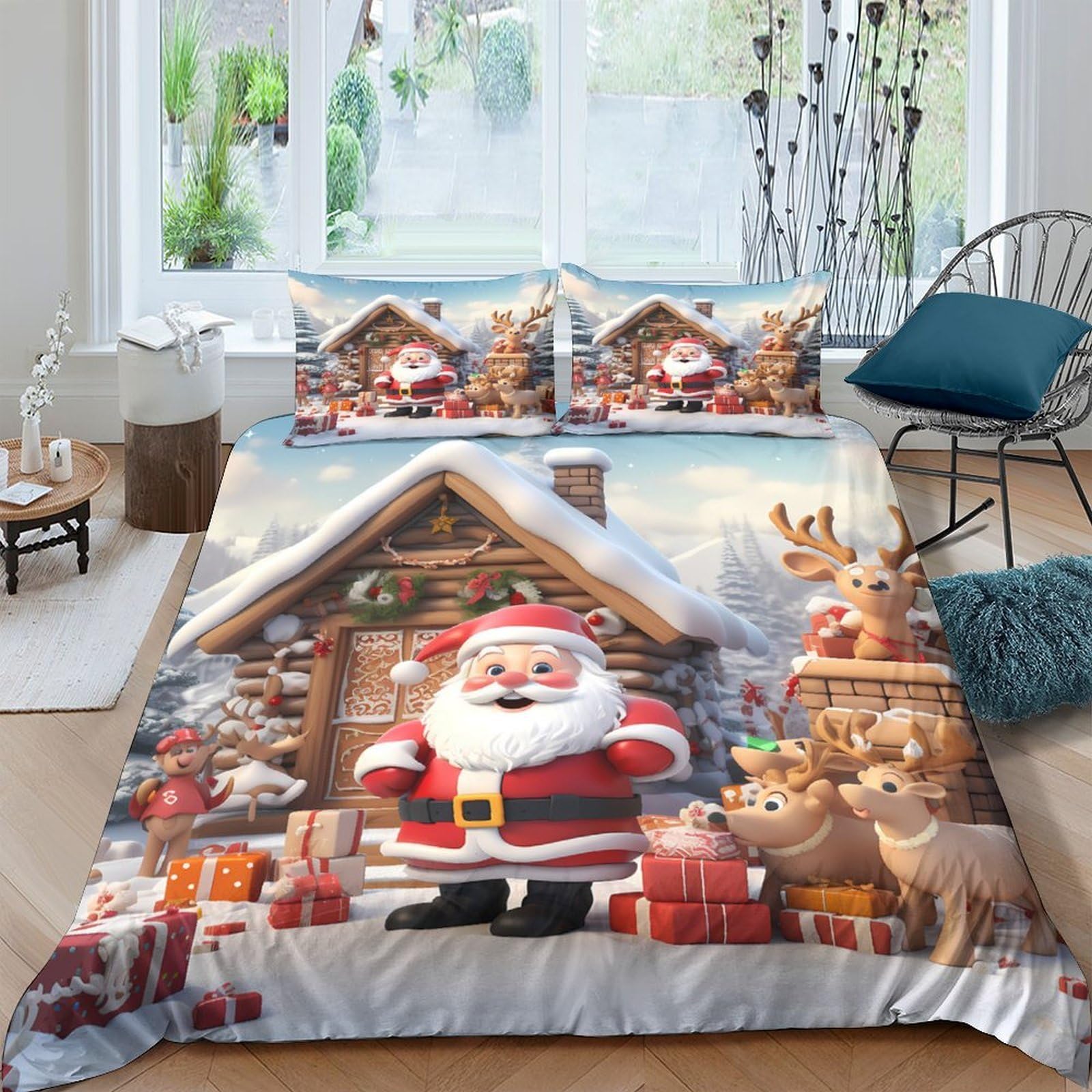 Ctjqhvkz Style-2 3D Printed Christmas Santa Fitted Sheet Microfiber Bed Cover Festive Reindeer Bedroom Decor Mattress Protection Single（135X200cm）