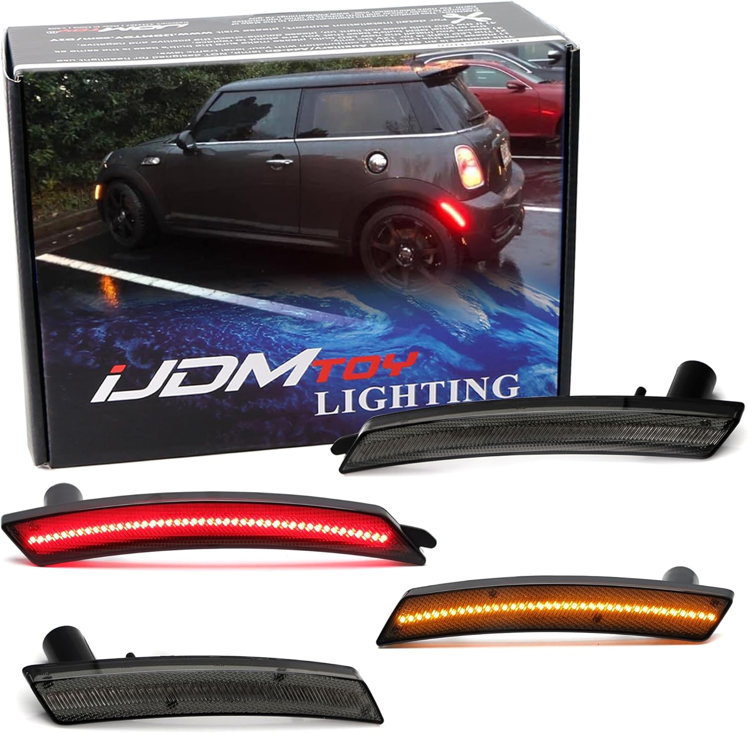 iJDMTOY Smoked Lens Amber/Red Full LED Side Marker Light Kit Compatible With 2007-2013/14 MINI Cooper R55 R56 R57 R58 R59 R60 R61, Powered by Total 160-SMD LED, Replace OEM Sidemarker Lamps