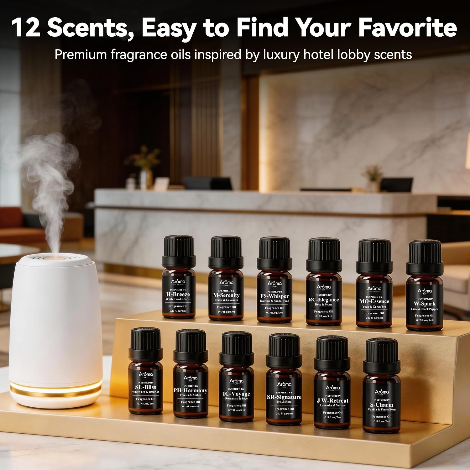 Hotel-Inspired Fragrance Oil Set- 12 x 5 mL Essential Oils for Home | Easy to Explore, Easy to Find Your Favorites