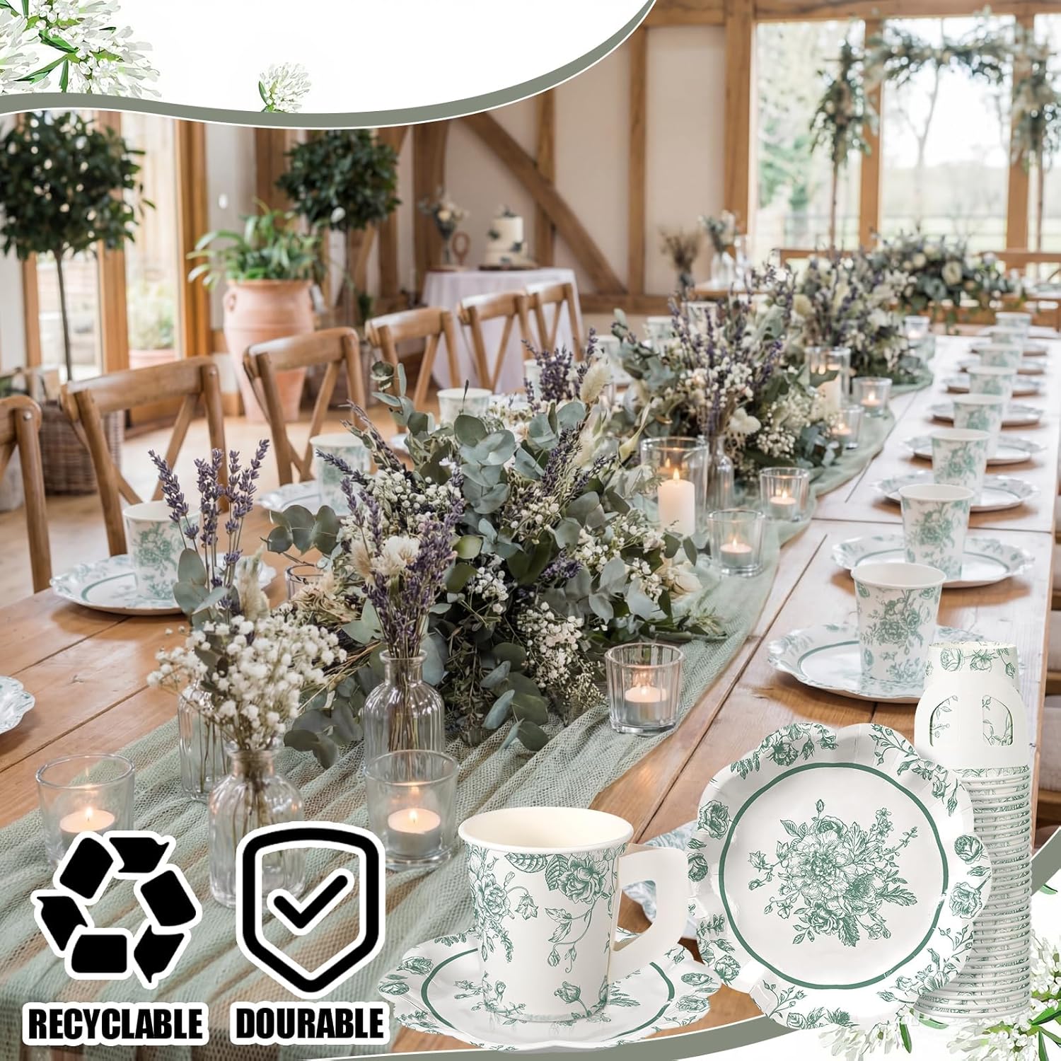 FoldTier 100 Pcs Tea Party Plates and Cups Green Floral Party Supplies Paper Tea Cups and Saucers Disposable Tableware Sets for Chinoiserie Wedding Baby Shower Birthday Decor Serves 50 Guests