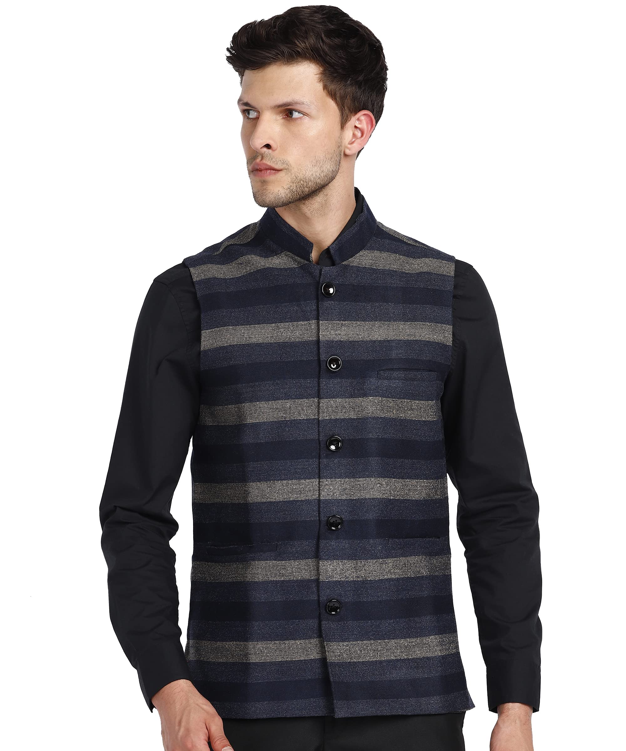 essentiele Men's Blue Grey & Royal Multi Striped Wool Bandhgala Ethnic Nehru Jacket Waistcoat-picture-35