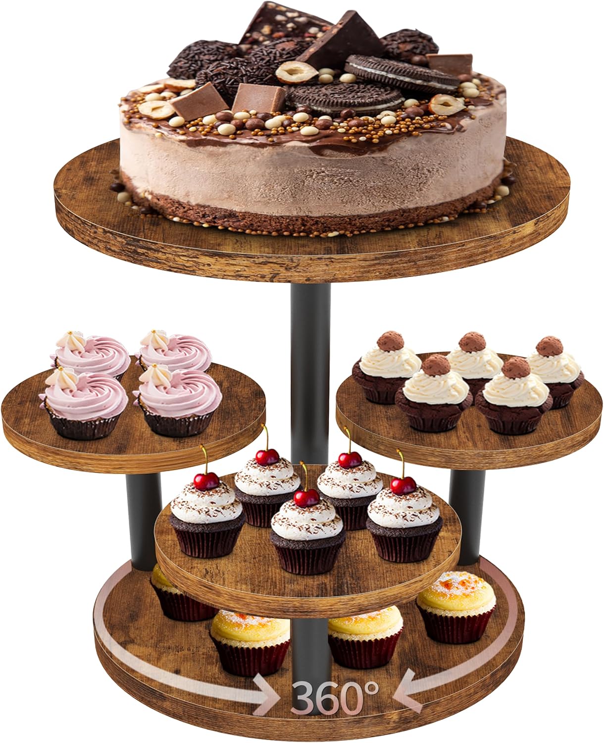 Cupcake Stand, 2 Pack Rotatable Cupcake Stand for 50 Cupcakes, Wood Cake Stand Cupcake Tower, Rustic Dessert Table Display Set Tiered Tray Stand, Round Serving Tray for Party Wedding Birthday