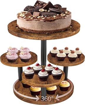 Cupcake Stand 4 Tier, 360 Rotatable Cupcake Stand, Rustic Industrial Wood Cupcake Tower Stand, Dessert Table Display Set Tiered Tray Stand, Round Serving Tray for Party Wedding Birthday