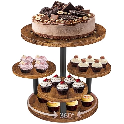 Cupcake Stand, Rotatable Cupcake Stand, Rustic Industrial Wood Cake Stand Cupcake Tower, Dessert Table Display Set Tiered Tray Stand, Round Serving Tray Cake Stands for Party Wedding Birthday