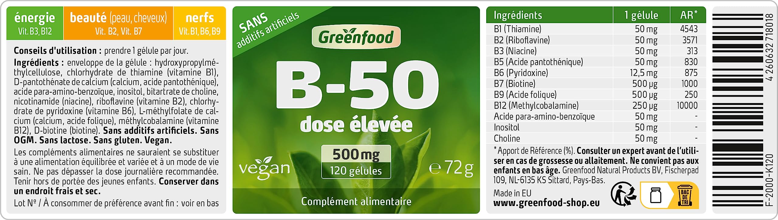 Greenfood B -Complex 50, dose élevée, gélules - toutes les vitamines du groupe B. SANS additifs artificiels. Sans OGM. Vegan.