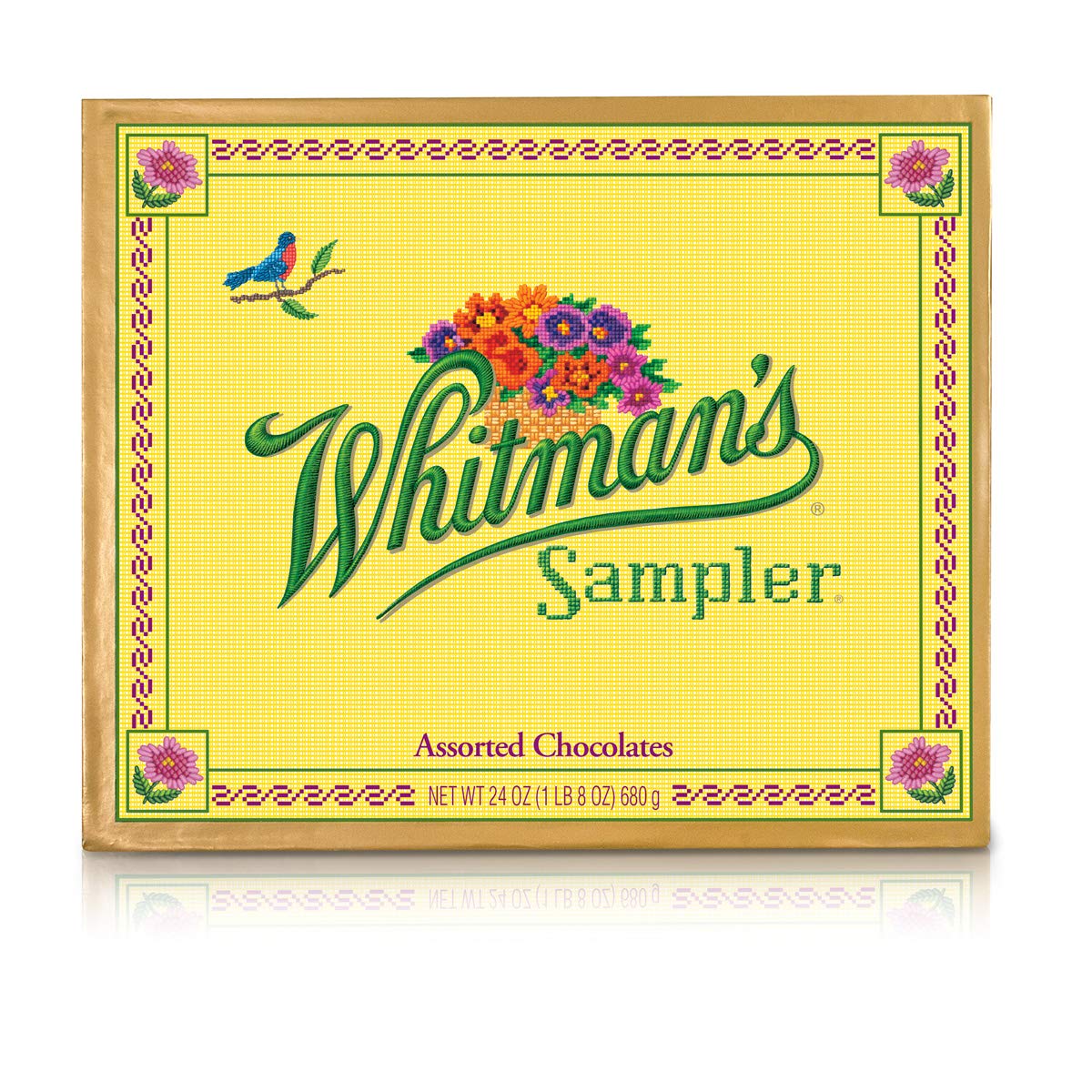 Whitman's Sampler Assorted Chocolate 24 Ounce Box Whitman's Sampler Assortment Box; An Assortment of Nutty, Chewy, Creamy, Crispy Milk Chocolate Covered Candies and Dark Chocolate Covered Candies