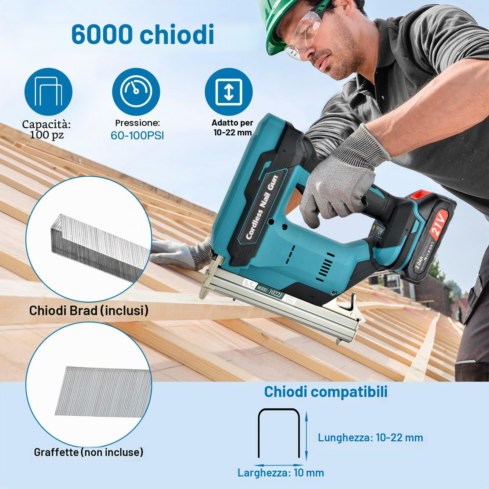 Pistola sparachiodi a Batteria, chiodatrice con 2 batterie da 2000 mAh e 6000 clip, pinzatrice elettrica Come fissabulloni al Minuto, Include 6000 Chiodi, 2 batterie per Legno Duro e tenero