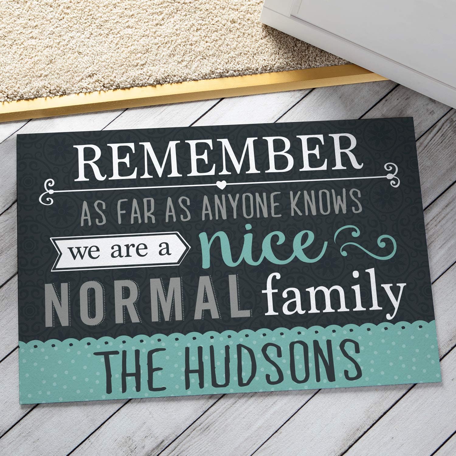Personalized Planet Remember as Far as Anyone Knows We are a Nice Normal Family Doormat with Custom Family Name Printed on Rectangular 1/8” Thick Non Slip Mat for Kitchen Hallway Deck or Porch, 27x18