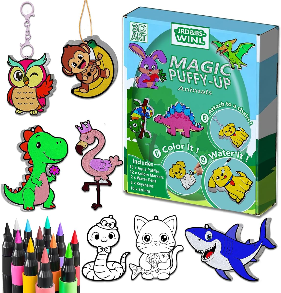 JRD&BS WINL 3D Art Kit for Kids Aqua Puffy Up Cute Animals, Paint by Number Craft for Kids, DIY Craft Activity for Ages 3-12,Travel Gifts for Girls & Boys Ages 4,5,6,7,8,9,10 (Animals)