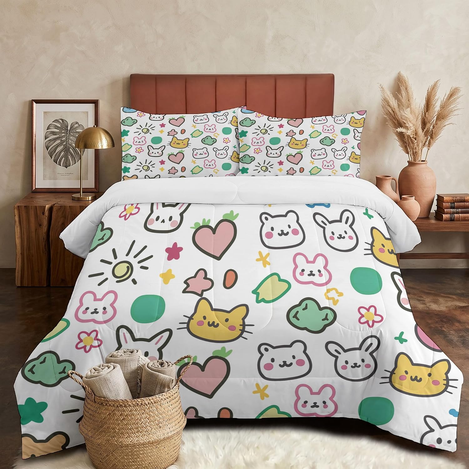 Cute Doodles Comforter Set King Size, Animals and Cats Bedding Set for Girls Boys, White Quilt Bed 104"X90" Bedding Comforter Sets with 2 Pillowcase Room Decor
