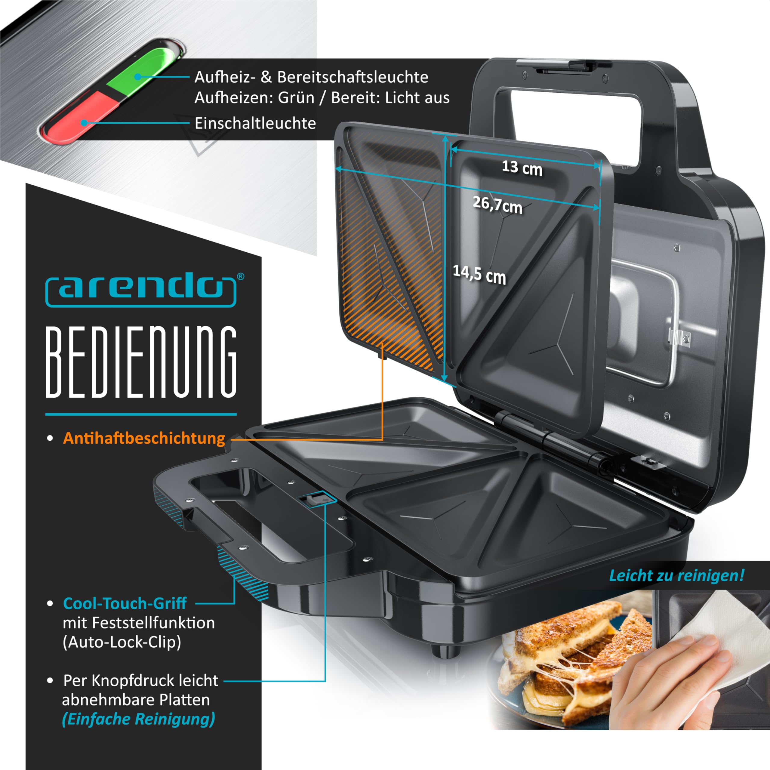 Arendo -Sandwichmaker mit Wechselplatten - Waffeleisen doppelt - 4 in 1 - Panini Maker Kontaktgrill - Antihaftbeschichtung - BPA frei - Temperaturkontrolle – Sandwich Maker - Sandwichtoaster