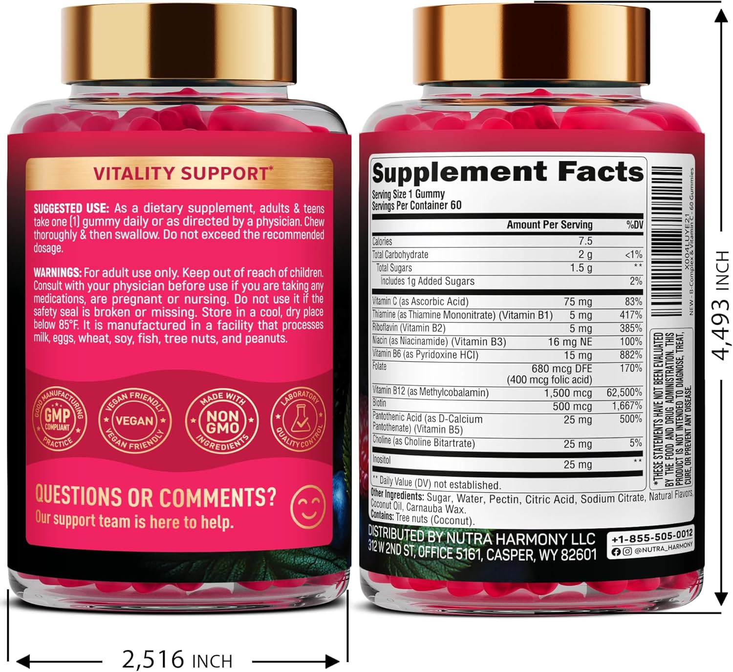 Vitamin B-Complex Gummies for Women & Men - Vitamin B12, B1, B2, B3, B5, B6, B7 & B9 - B Complex with Vitamin C & Choline - Energy, Brain & Mood - Natural Berry Flavor, Vegan - 60 Gummies for 2 Months - Image 2