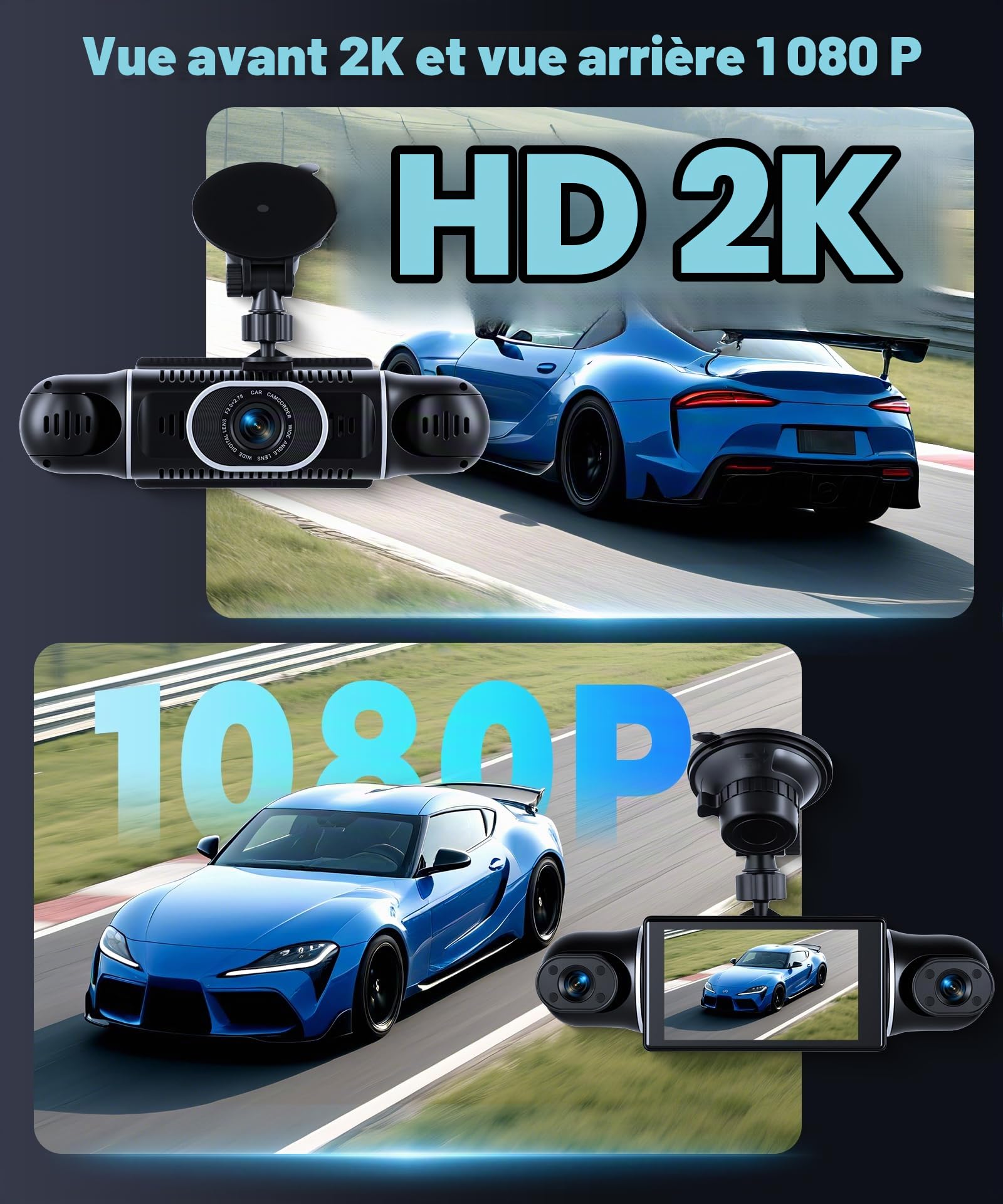 VECHTEL 2K Wi-FI Dashcam Auto avec Écran IPS de 3 Pouces Dash Cam Auto avec Vision Nocturne, SD 64GB Inclus, G-Sensor, 24H Mode Parking, Enregistrement en Boucle, Assistant de Recul