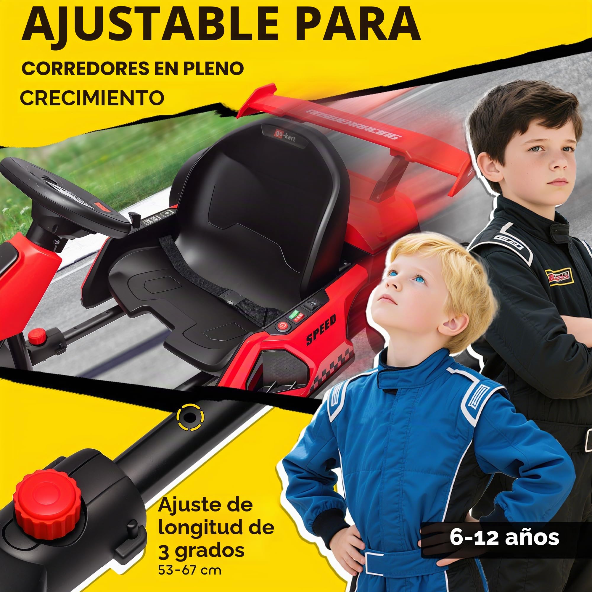 HOMCOM Kart eléctrico para niños 24V 2x150W luces LED Drift Música 2 velocidades asiento ajustable rojo