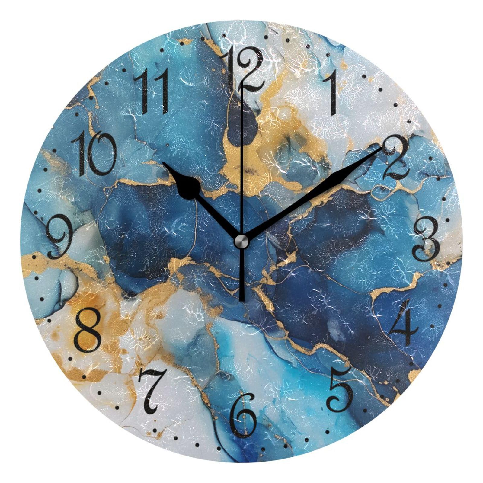 Mnsruu Wall Clock Blue White Gold Marble, Silent Non-Ticking Decorative Wall Clocks Battery Operated 25x25cm
