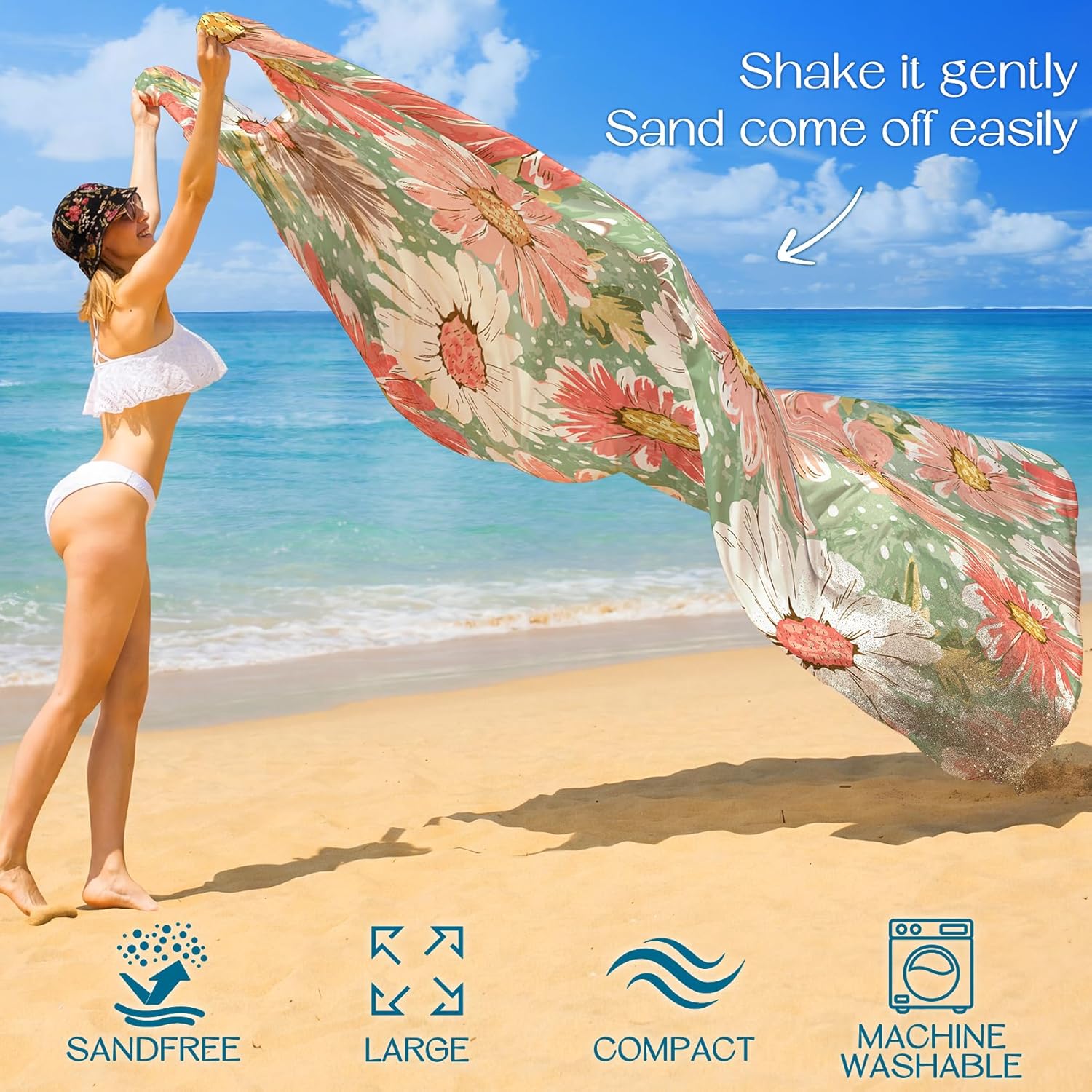 BYDOLL Beach Blanket Waterproof Sandproof Flower 78''×110'' 1-7 Adults Oversized Lightweight Large Picnic Mat Waterproof Sandproof Blanket for Beach Camping Hiking