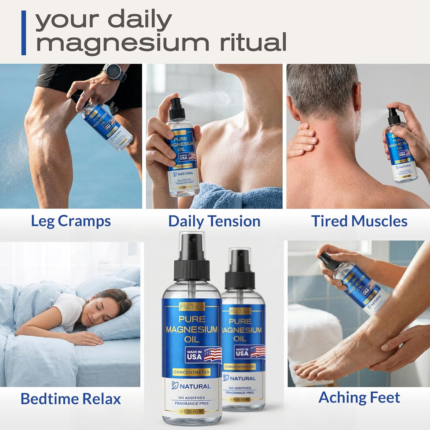 Ella & Eden 2 Pack 12 Oz Pure Magnesium Oil Spray - Topical Magnesium Spray for Feet, Sleep, Muscle Relaxation, Leg Cramps - USA Made - Natural, No Additives, Concentrated Formula