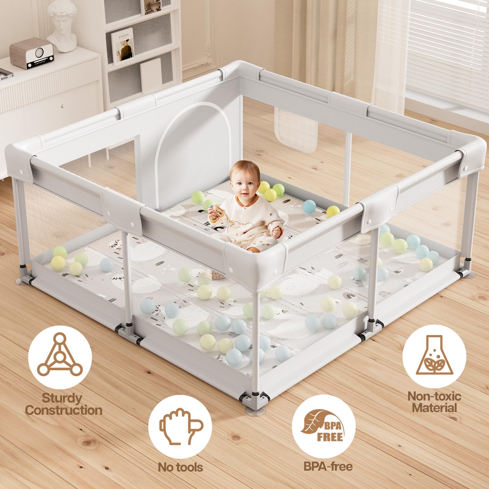 Parc bébé avec matelas, 120 x 120 cm, petit parc pour bébé, avec tapis, parc pour appartement, avec filet respirant sur les quatre côtés et ventouses
