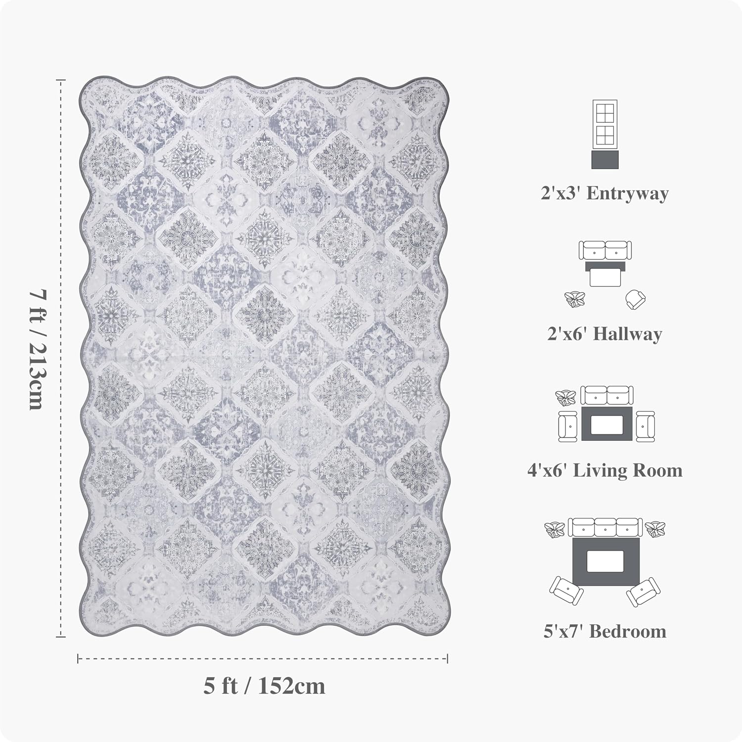 Moroccan 5x7 Area Rug, Unique Scalloped Ultra-Thin Soft Washable Rug, Non-Slip Stain Resistant Lightweight Low-Pile Carpet for Living Room Bedroom Dining Room Office (Light Grey)