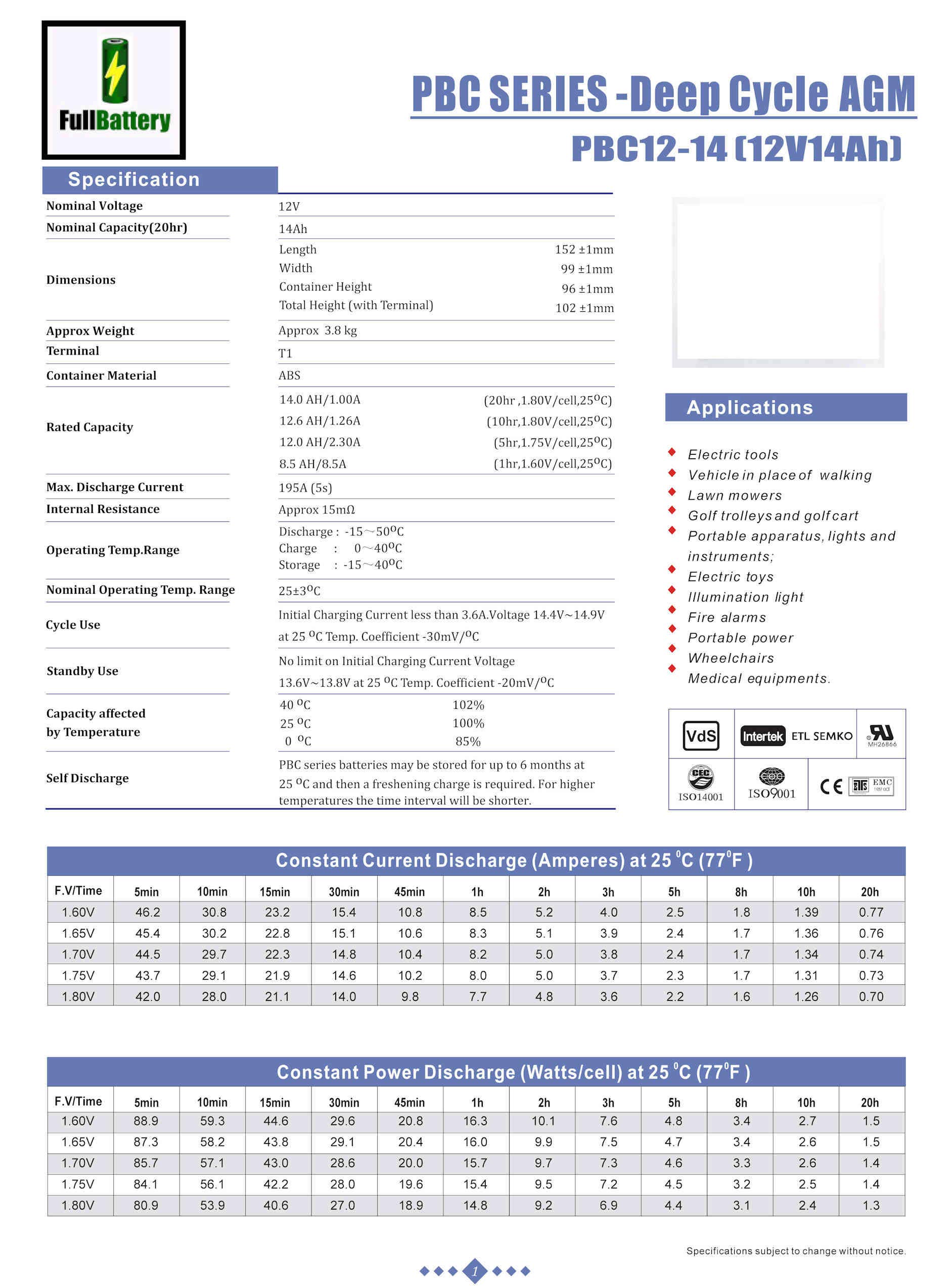Batería AGM Ciclo Profundo 12V 14Ah PBC12-14