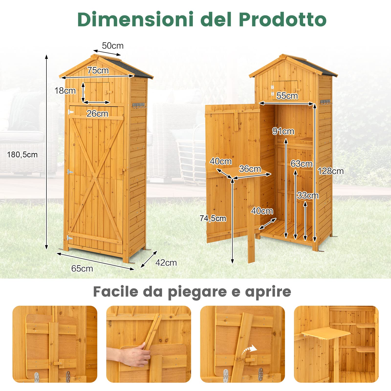 COSTWAY Armadio da Esterno in Legno Capanno da Giardino con Serratura Tavolo Pieghevole Tetto Impermeabile