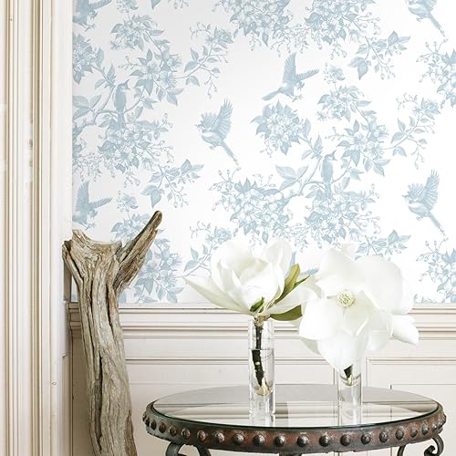 Miniatura 4 de Dimoon Papel tapiz floral de 236 x 16.1 pulgadas, diseño floral, para despegar y pegar, papel de contacto con pájaros, hojas de flores blancas y