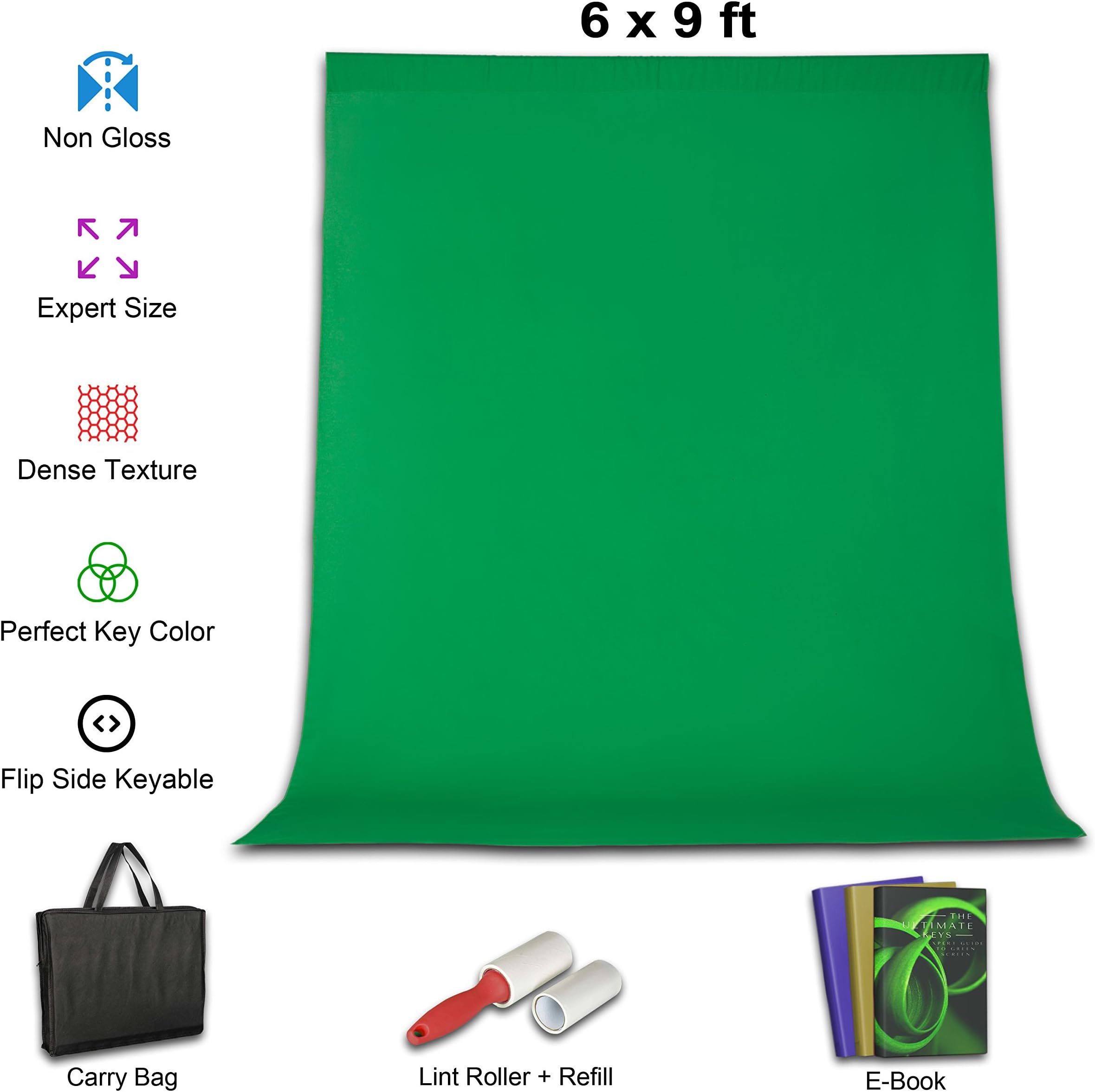 Green Screen Kit 6x9 Ft Photography Studio Backdrops |Chromakey Background Cloth for Videos & Gaming |100% Cotton Quality Woven Muslin |Bonus Zipper Bag and Lint Roller plus Extra Refill with 3 ebooks