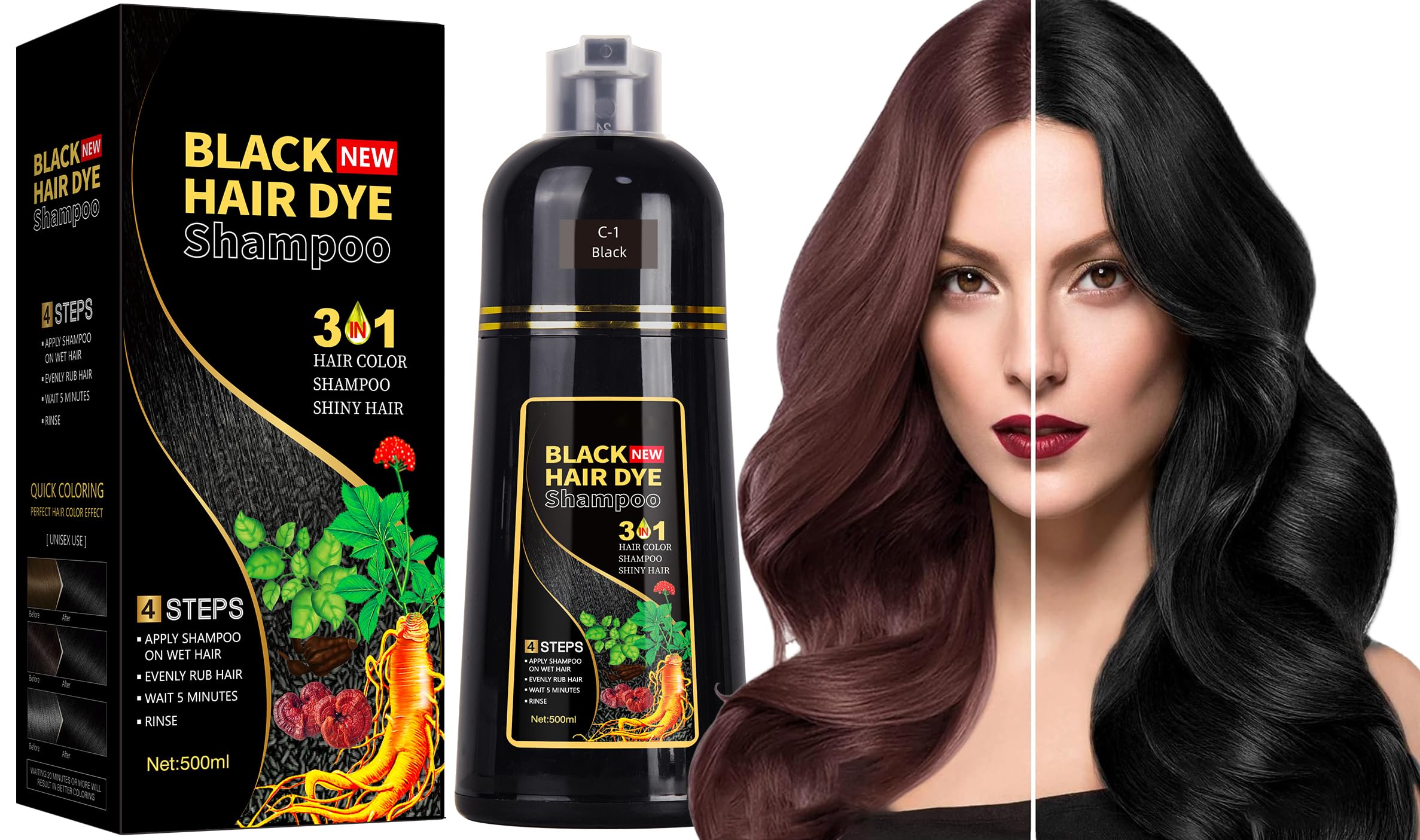 Hair Dye Shampoo 3in1, 500ML Natürliches Haarfärbeshampoo für Graue Haare, Sofort Haarfarben Shampoo, Farbshampoo, Instant Hair Color, Haarfärbung für Graues Haar Männer Frauen