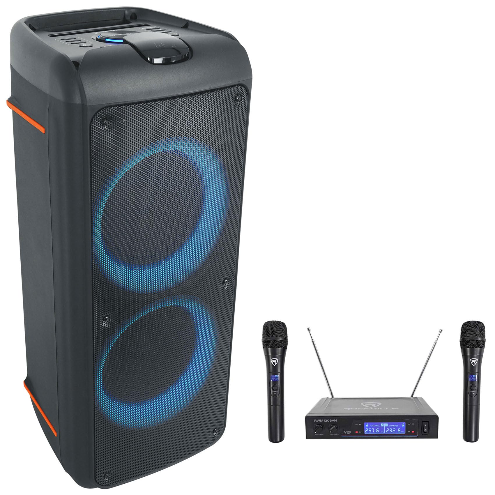 Rockville Bundle Rock Party 9 Dual 8" Home/Portable Bluetooth Speaker Deep Bass+Effects Bundle RWM1203VH VHF Wireless Dual Handheld Microphone (2 Items)