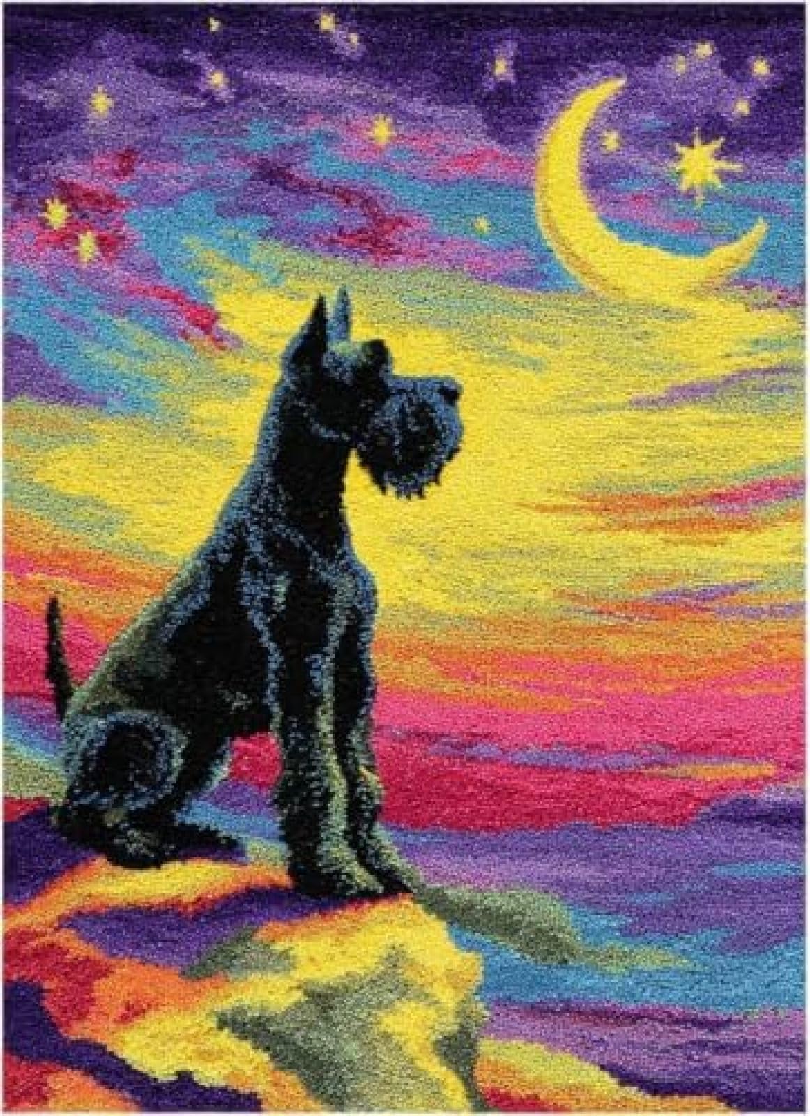 XDEGHUANGSS Latch Hook Rug Kit Giant Schnauzers Dog Puppy On Moon Pick Star Cushion Cover DIY Craft Set Pre-Printed Mat 38x52cm for Home Decor-2